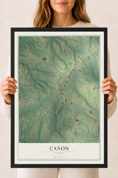 Canon, Georgia map print, 18" x 24" W/ Black Ayous Wood Frame mockup