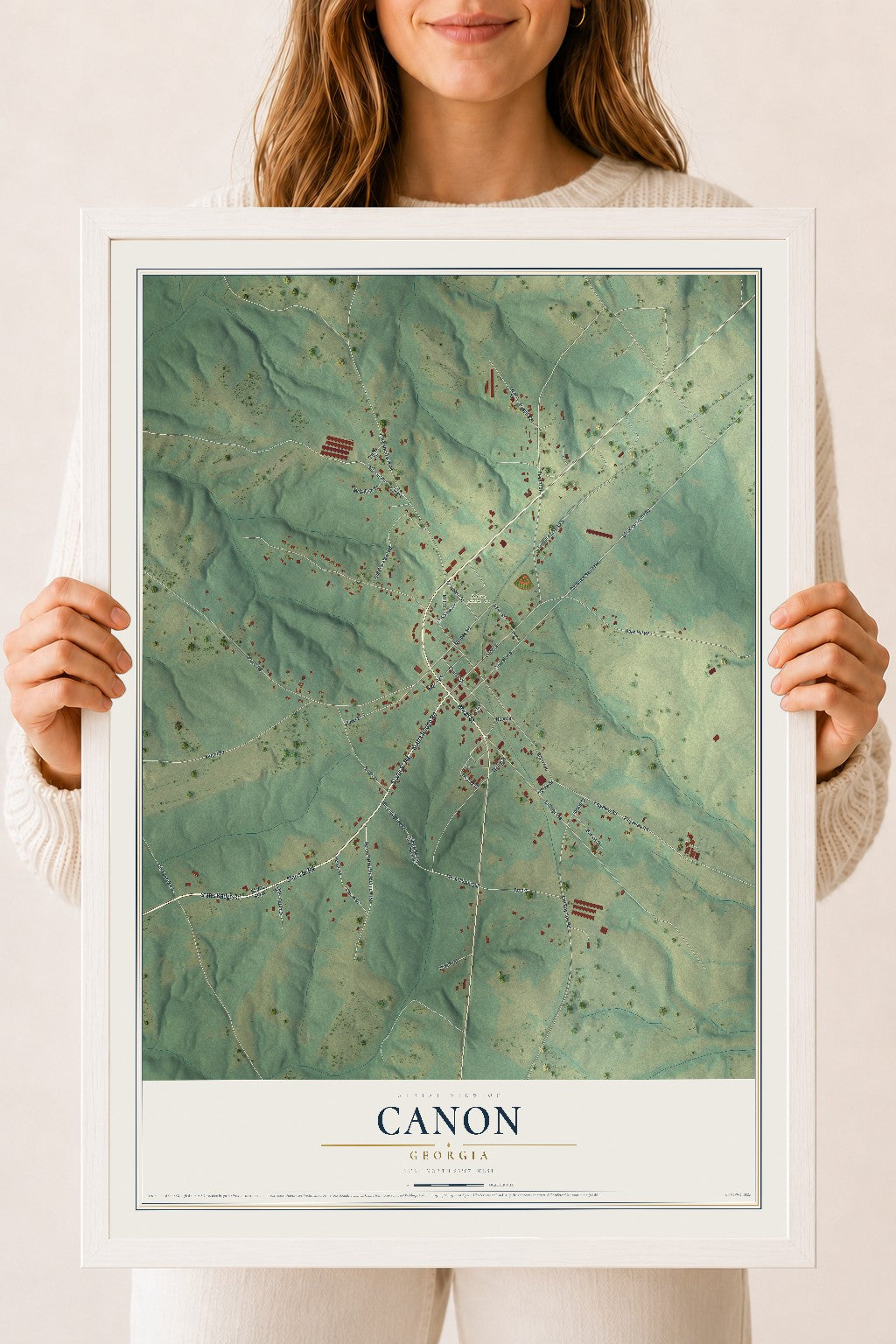 Canon, Georgia map print, 18" x 24" W/ White Ayous Wood Frame mockup