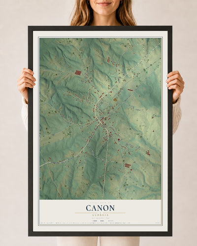 Canon, Georgia map print, 24" x 36" W/ Black Ayous Wood Frame mockup