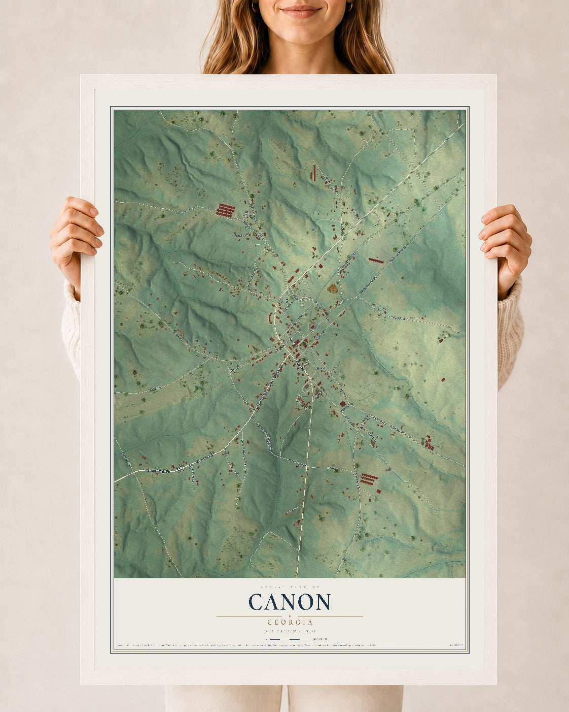 Canon, Georgia map print, 24" x 36" W/ White Ayous Wood Frame mockup