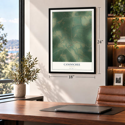 Canoochee, Georgia map, 18 x 24 inch print in a black frame in a home office