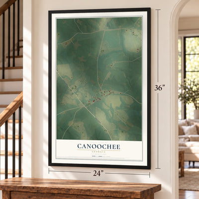 Canoochee, Georgia map, 24 x 36 inch print in a black frame by a staircase