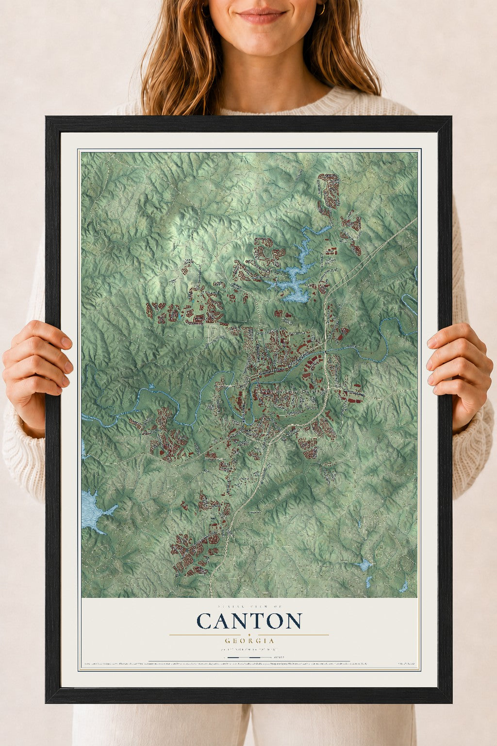 Canton, Georgia map print, 18" x 24" W/ Black Ayous Wood Frame mockup