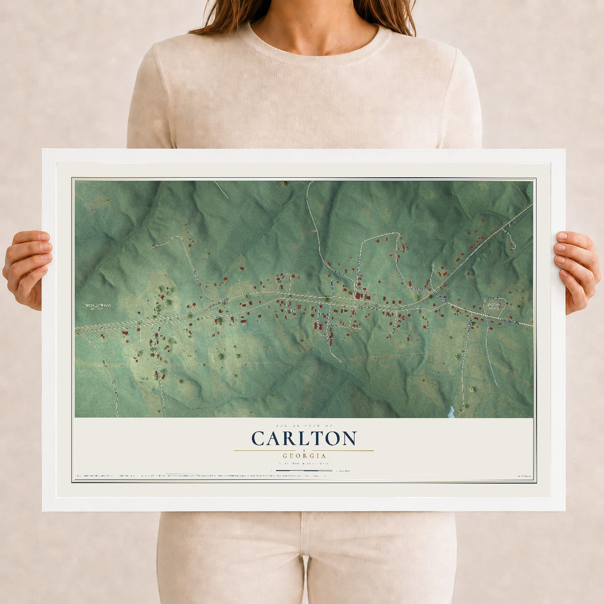 Carlton, Georgia map print, 12" x 18" W/ White Ayous Wood Frame mockup