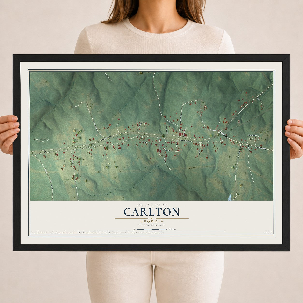 Carlton, Georgia map print, 18" x 24" W/ Black Ayous Wood Frame mockup