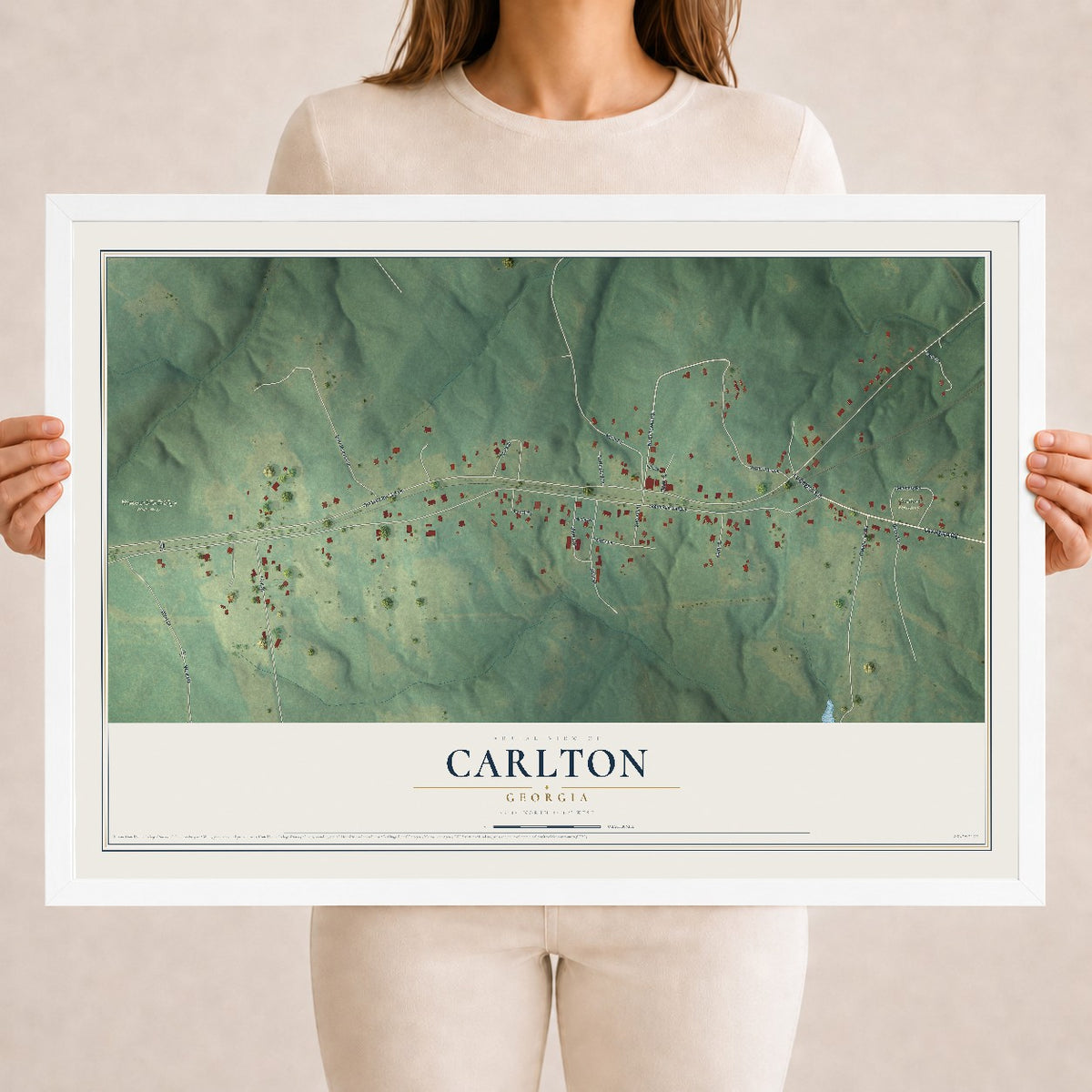 Carlton, Georgia map print, 18" x 24" W/ White Ayous Wood Frame mockup