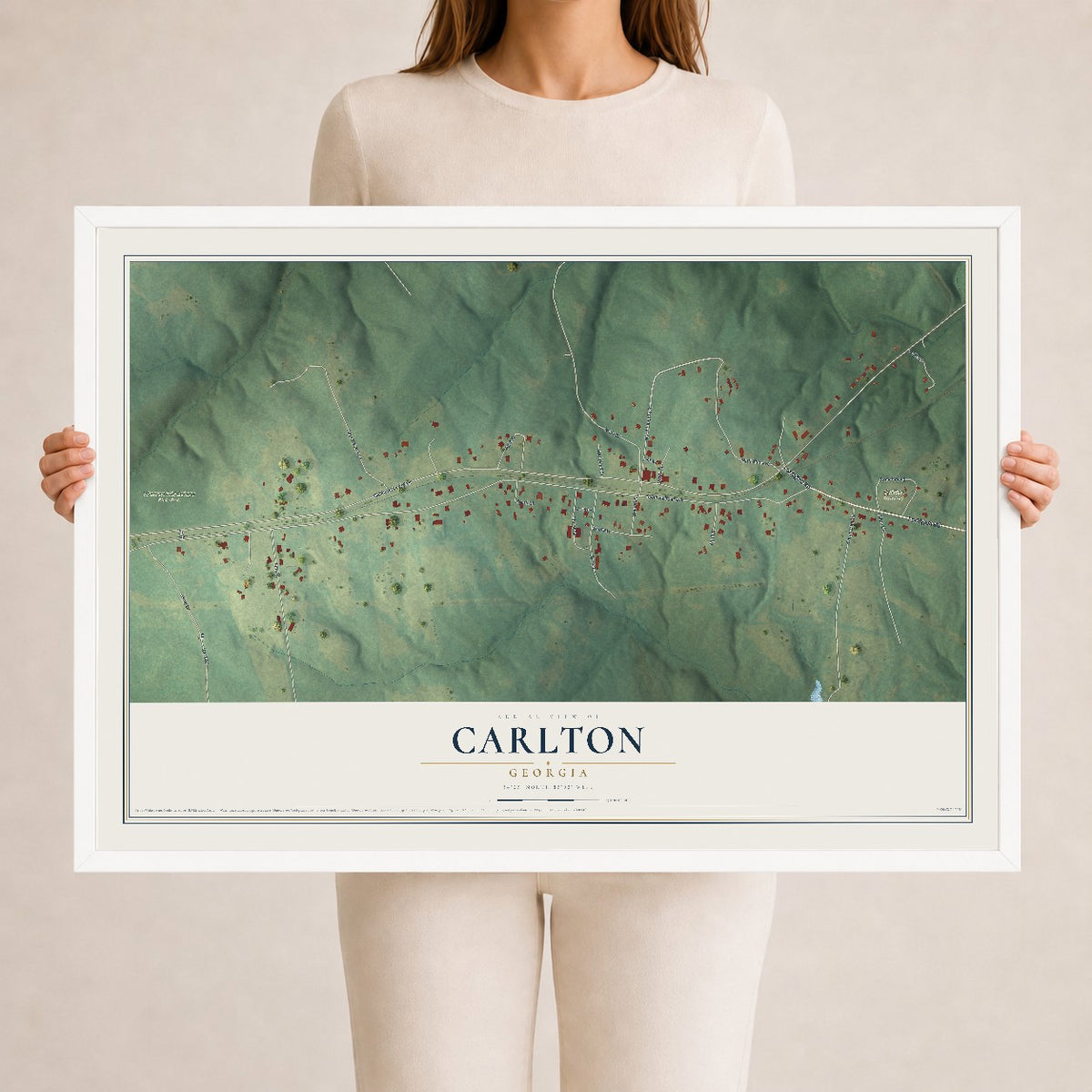 Carlton, Georgia map print, 24" x 36" W/ White Ayous Wood Frame mockup
