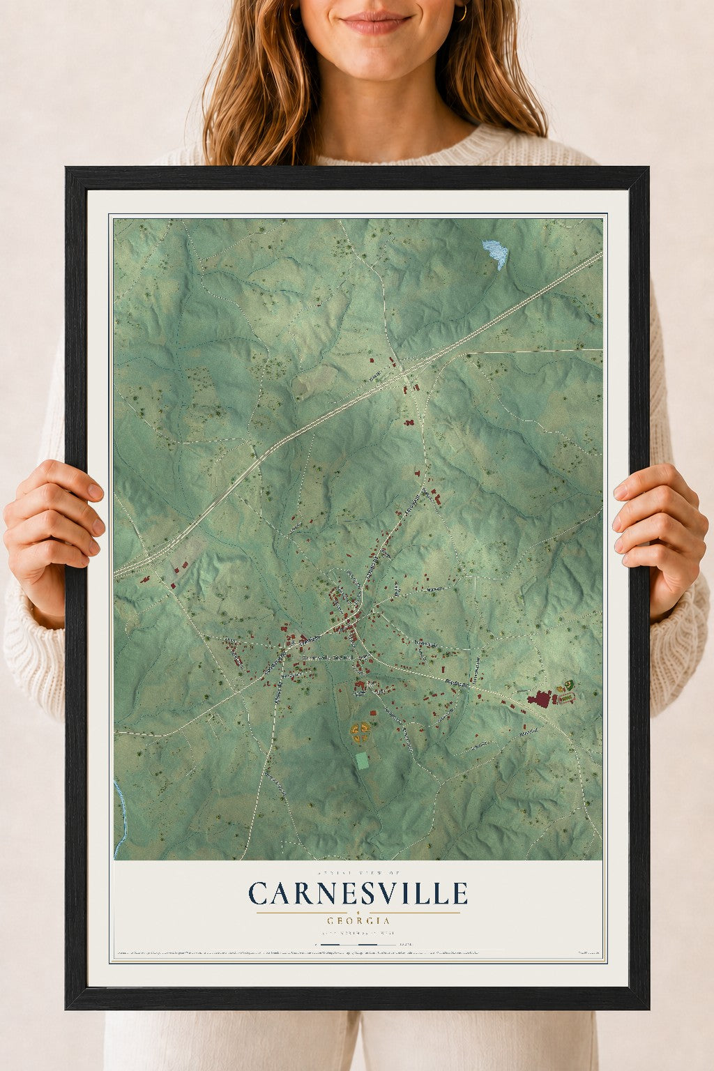 Carnesville, Georgia map print, 18" x 24" W/ Black Ayous Wood Frame mockup