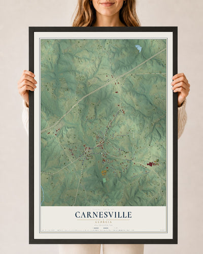Carnesville, Georgia map print, 24" x 36" W/ Black Ayous Wood Frame mockup
