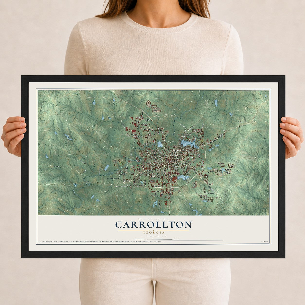 Carrollton, Georgia map print, 12" x 18" W/ Black Ayous Wood Frame mockup