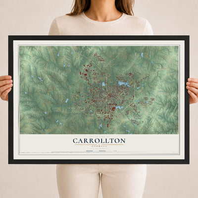 Carrollton, Georgia map print, 18" x 24" W/ Black Ayous Wood Frame mockup