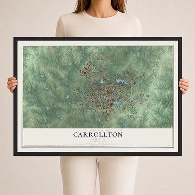Carrollton, Georgia map print, 24" x 36" W/ Black Ayous Wood Frame mockup