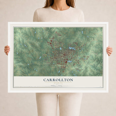 Carrollton, Georgia map print, 24" x 36" W/ White Ayous Wood Frame mockup
