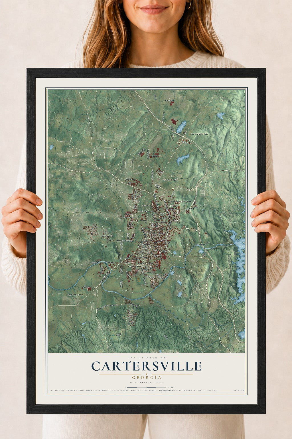 Cartersville, Georgia map print, 18" x 24" W/ Black Ayous Wood Frame mockup