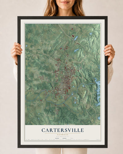 Cartersville, Georgia map print, 24" x 36" W/ Black Ayous Wood Frame mockup
