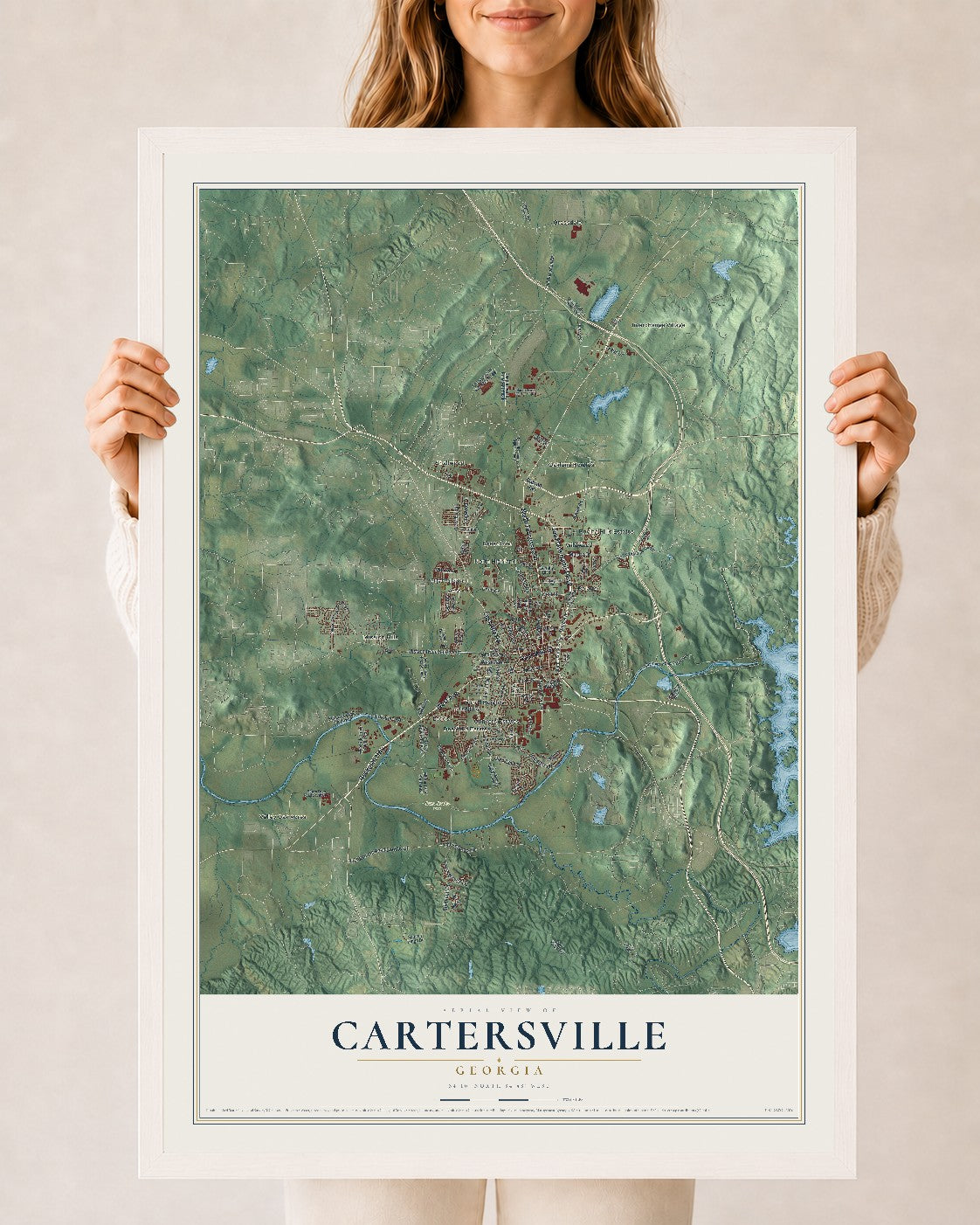 Cartersville, Georgia map print, 24" x 36" W/ White Ayous Wood Frame mockup