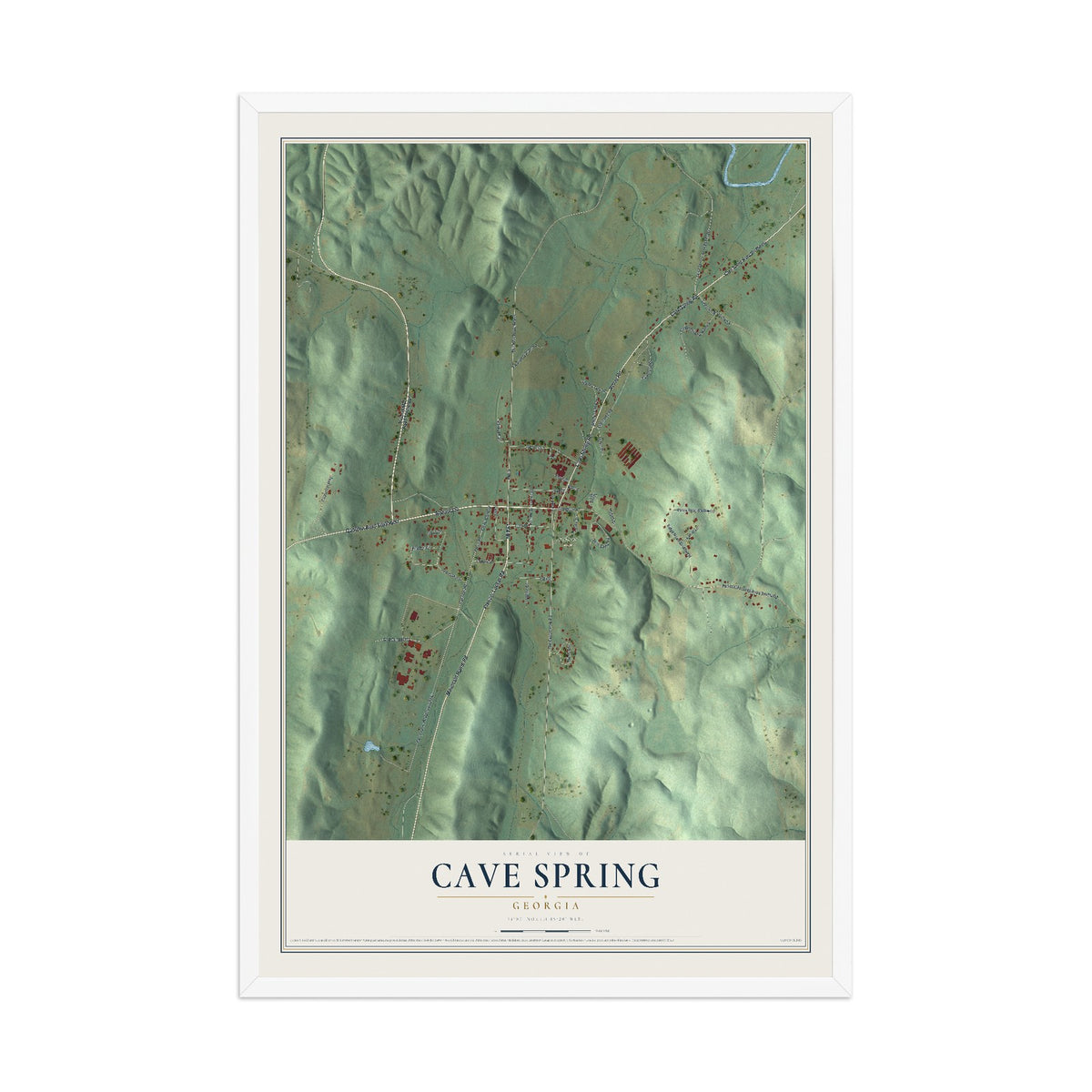 Cave Spring, Georgia map print, 12" x 18" W/ White Ayous Wood Frame mockup