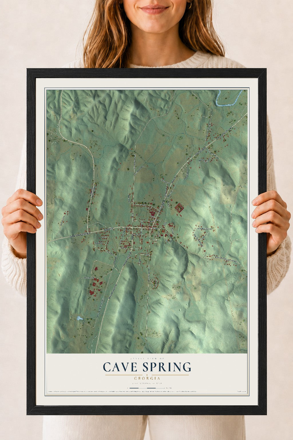 Cave Spring, Georgia map print, 18" x 24" W/ Black Ayous Wood Frame mockup