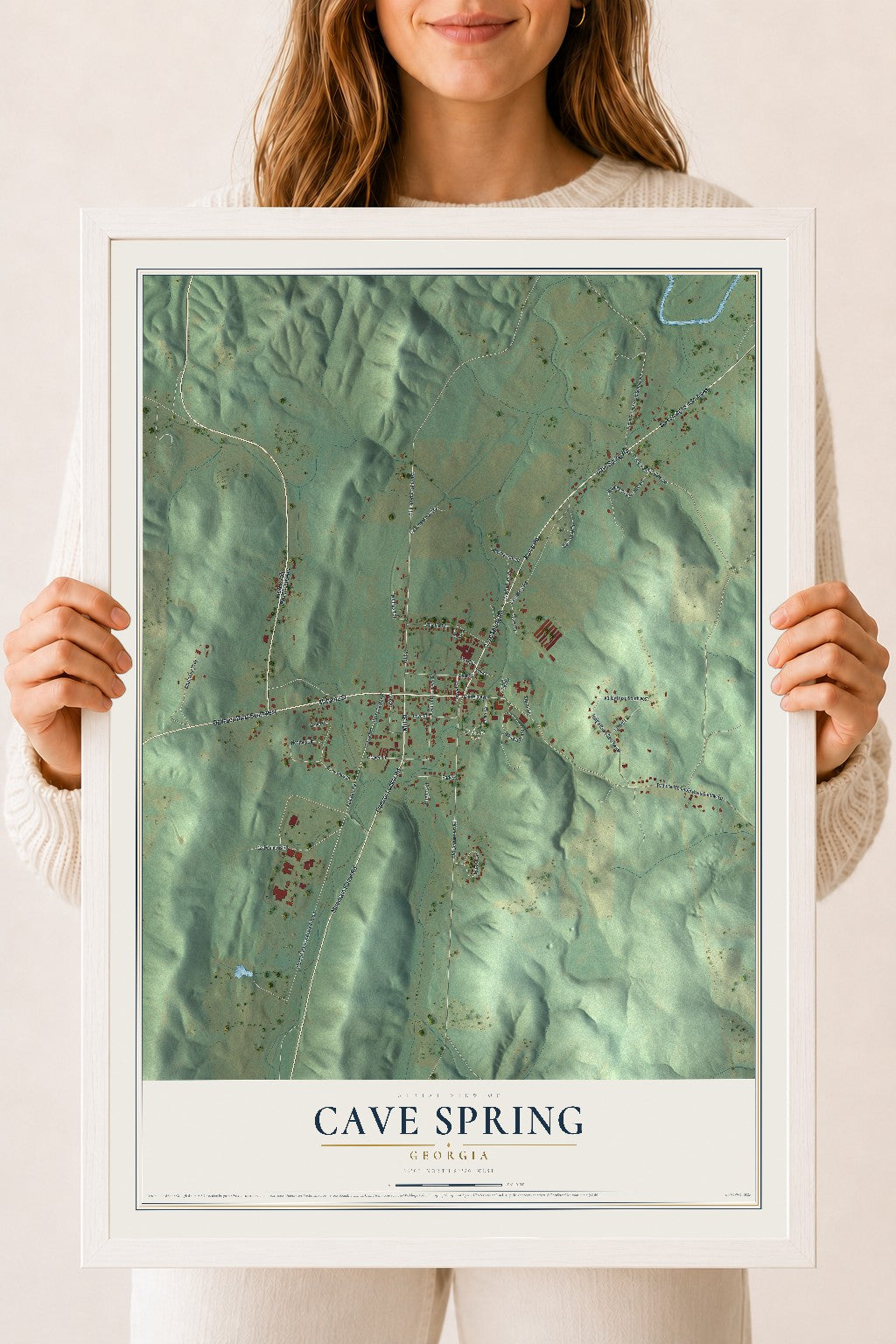 Cave Spring, Georgia map print, 18" x 24" W/ White Ayous Wood Frame mockup