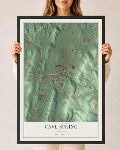 Cave Spring, Georgia map print, 24" x 36" W/ Black Ayous Wood Frame mockup
