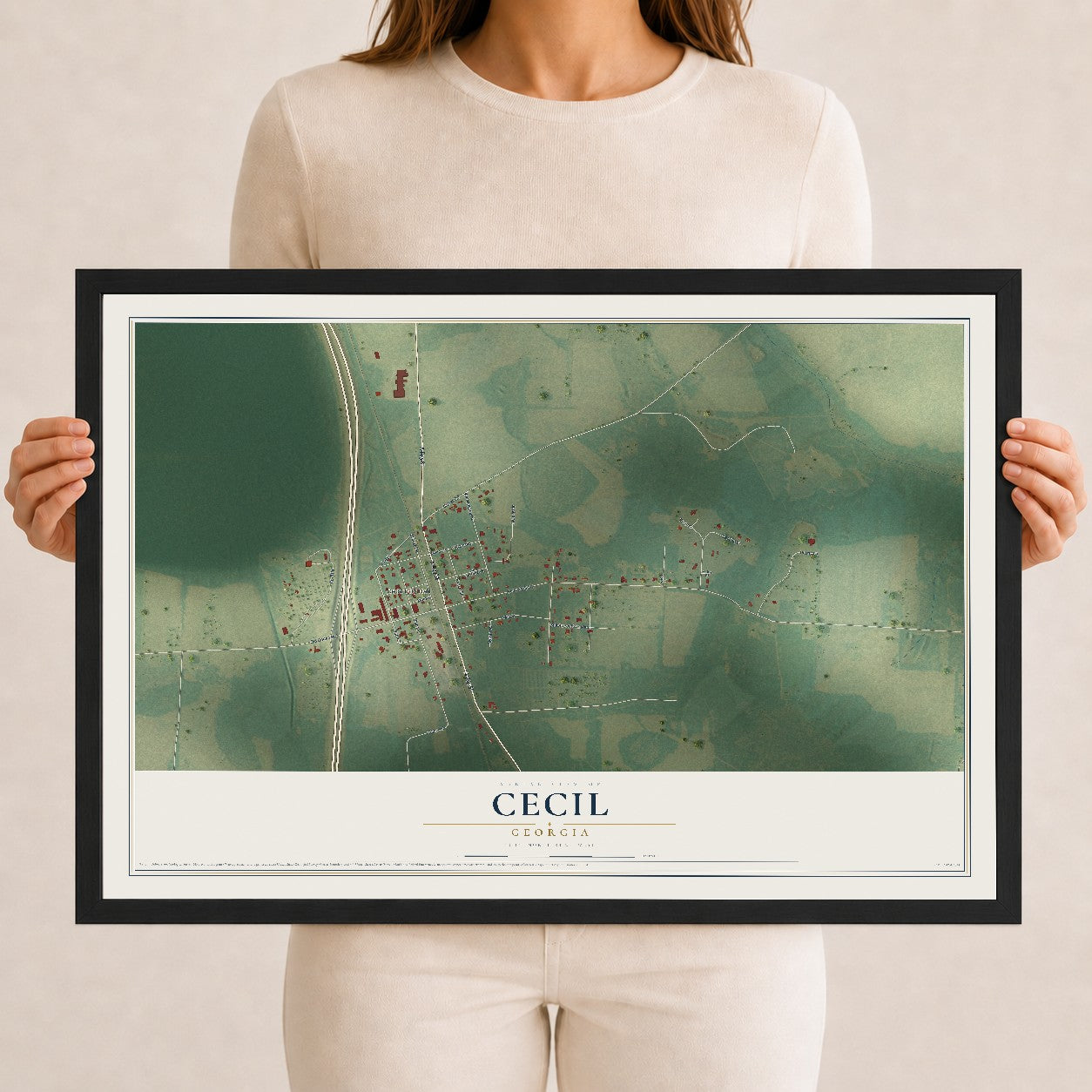 Cecil, Georgia map print, 12" x 18" W/ Black Ayous Wood Frame mockup