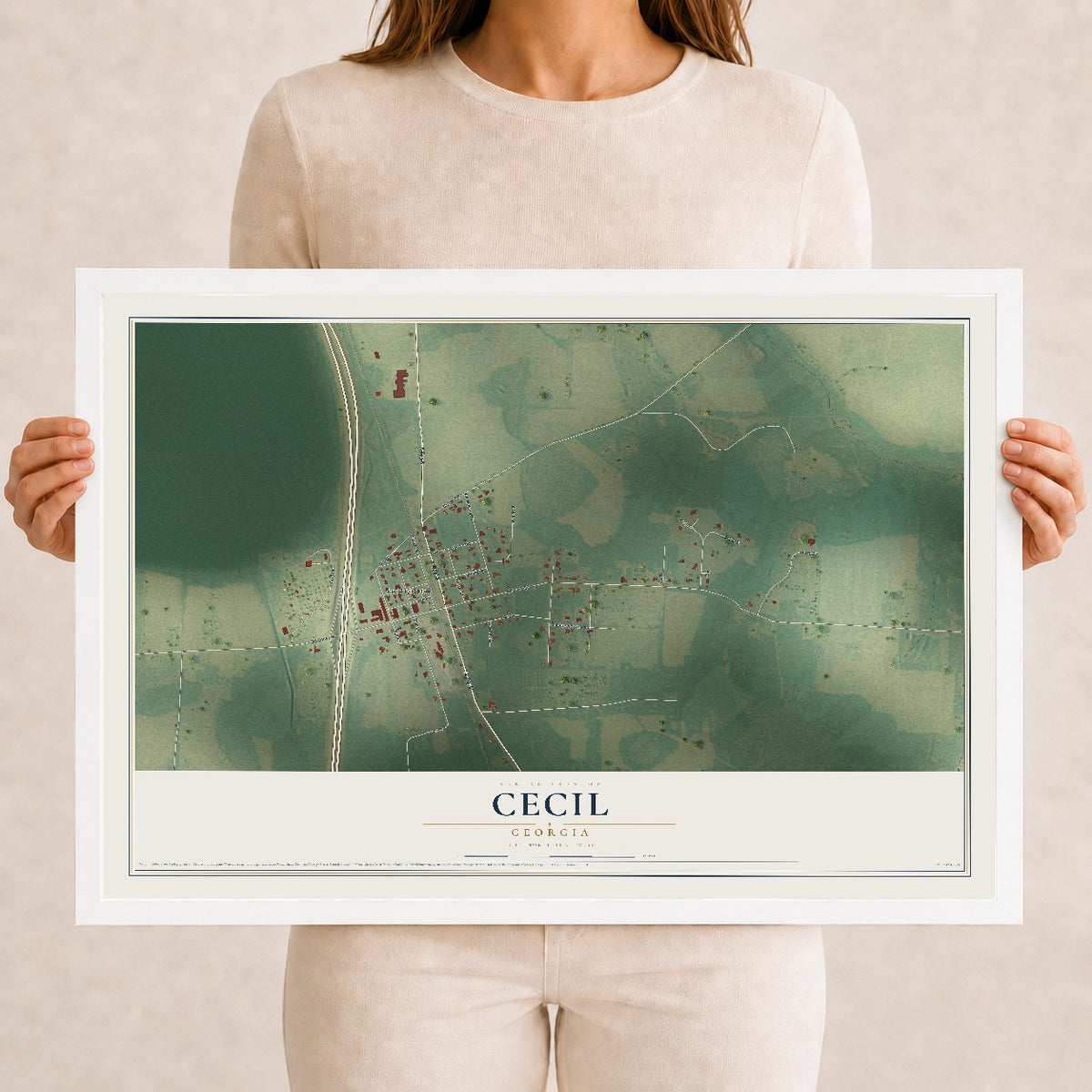 Cecil, Georgia map print, 12" x 18" W/ White Ayous Wood Frame mockup