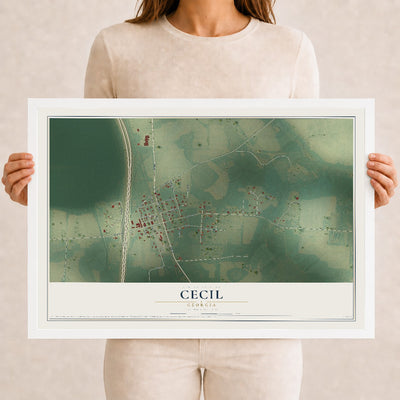 Cecil, Georgia map print, 12" x 18" W/ White Ayous Wood Frame mockup