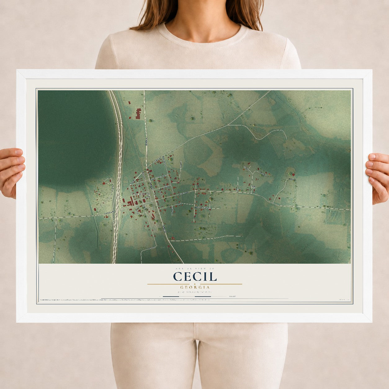Cecil, Georgia map print, 18" x 24" W/ White Ayous Wood Frame mockup