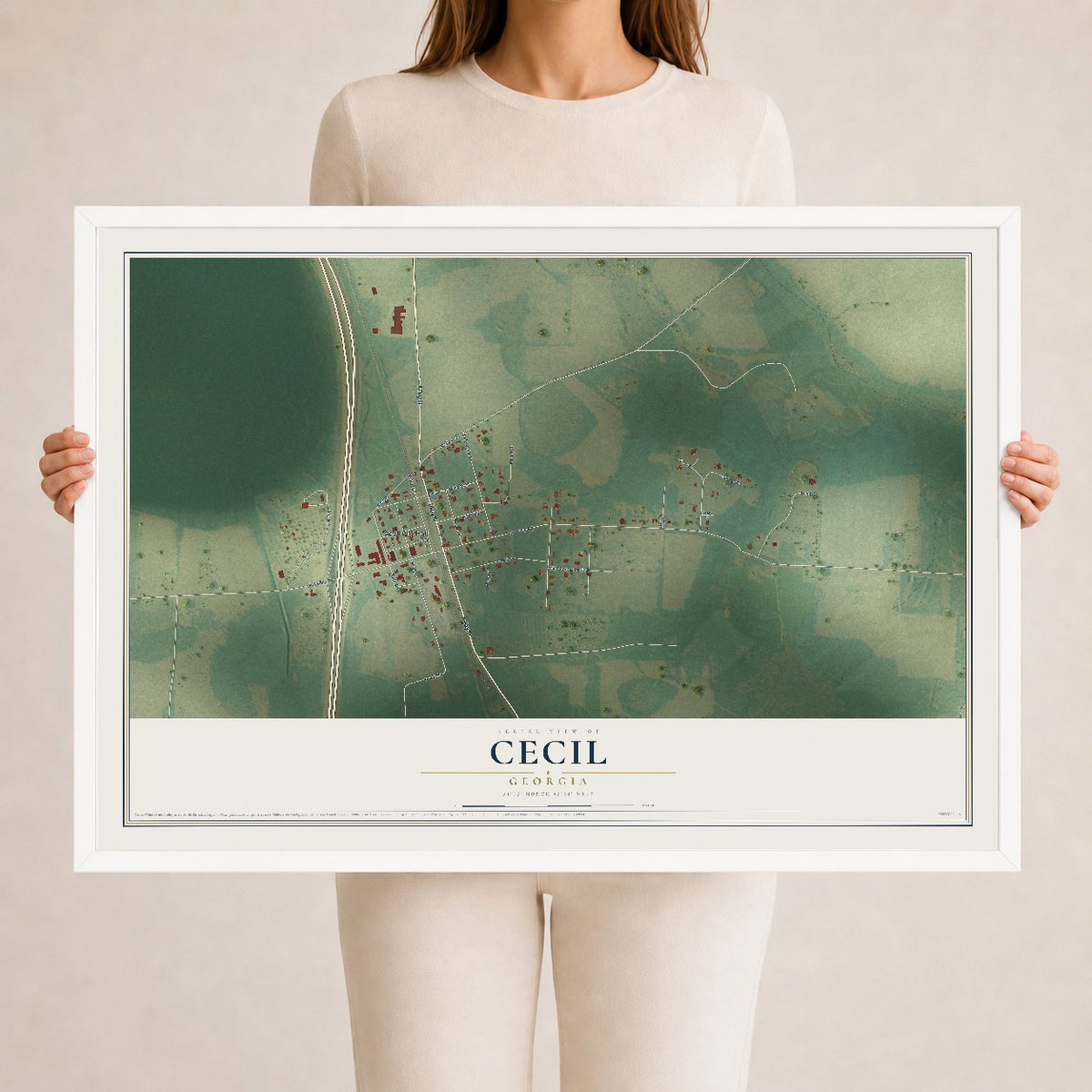 Cecil, Georgia map print, 24" x 36" W/ White Ayous Wood Frame mockup