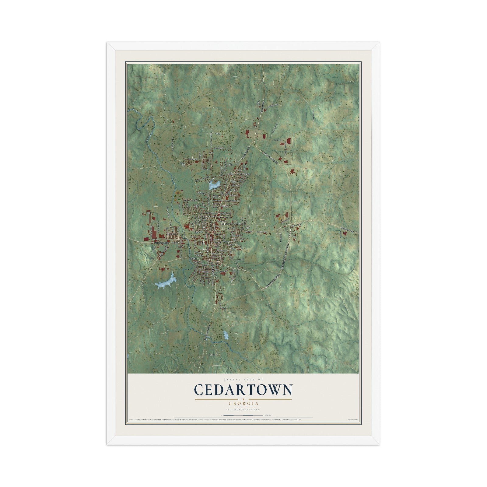 Cedartown, Georgia map print, 12" x 18" W/ White Ayous Wood Frame mockup
