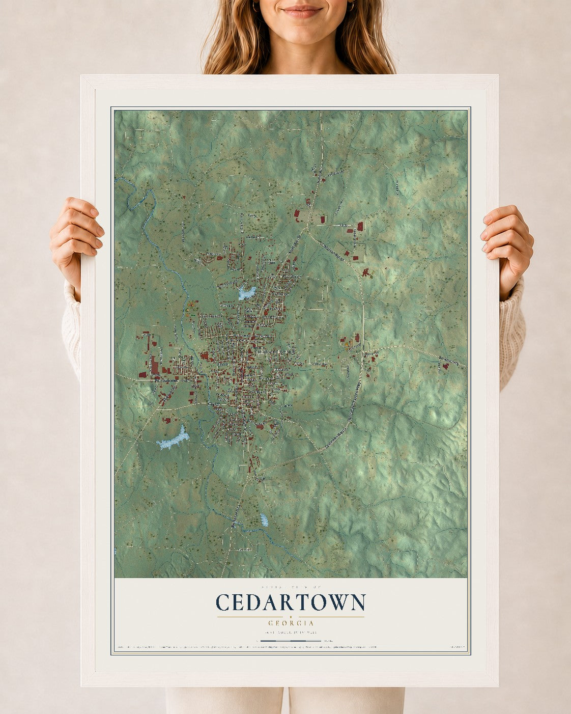 Cedartown, Georgia map print, 24" x 36" W/ White Ayous Wood Frame mockup