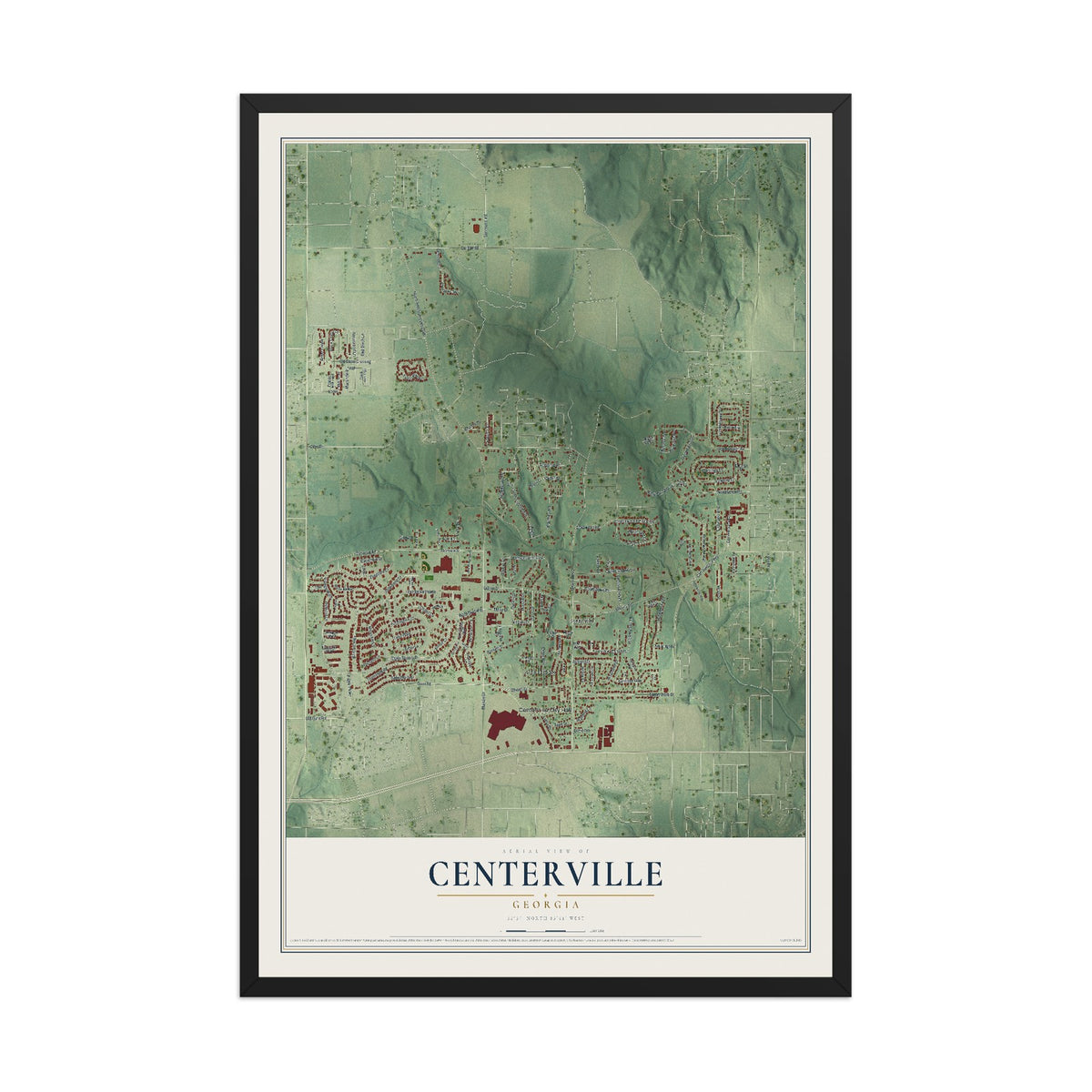 Centerville, Georgia map print, 12" x 18" W/ Black Ayous Wood Frame mockup