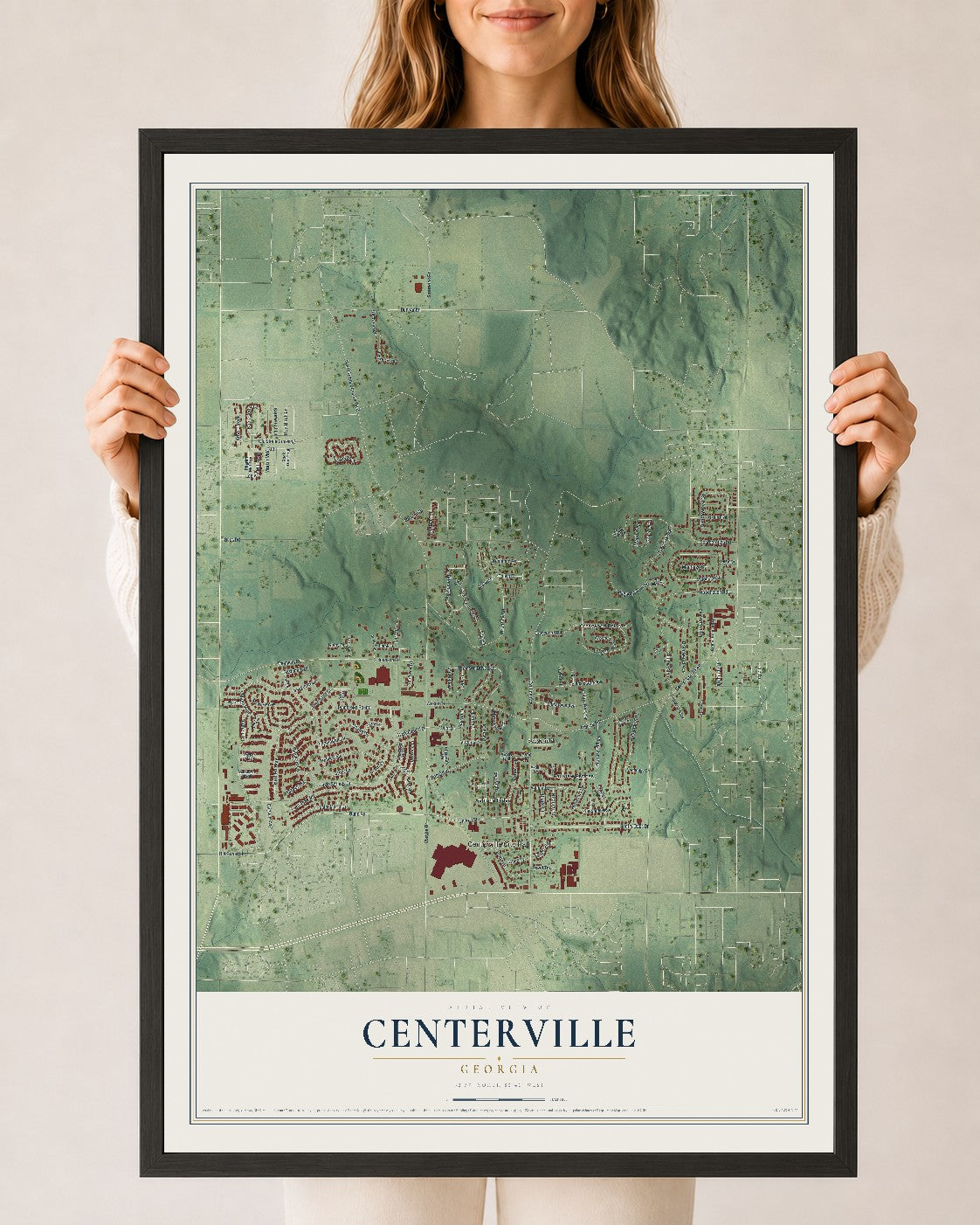 Centerville, Georgia map print, 24" x 36" W/ Black Ayous Wood Frame mockup