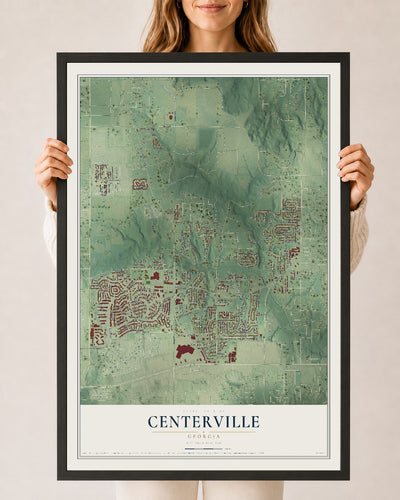 Centerville, Georgia map print, 24" x 36" W/ Black Ayous Wood Frame mockup