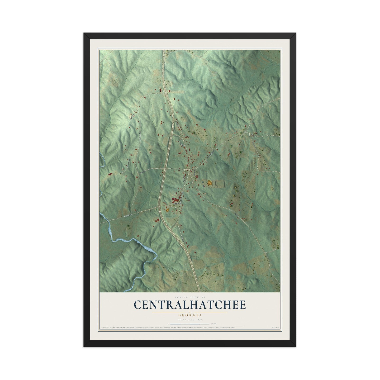 Centralhatchee, Georgia map print, 12" x 18" W/ Black Ayous Wood Frame mockup