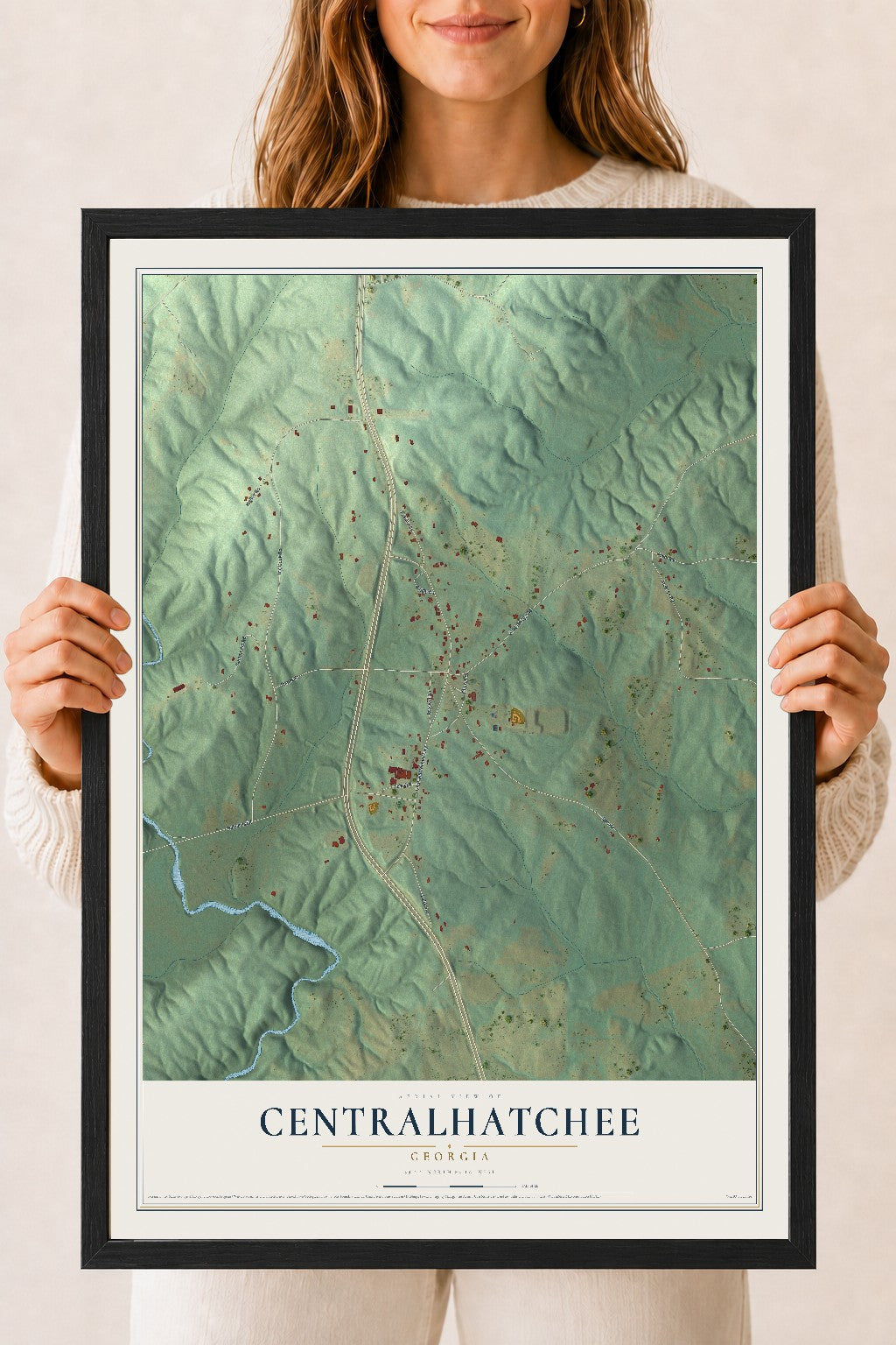 Centralhatchee, Georgia map print, 18" x 24" W/ Black Ayous Wood Frame mockup