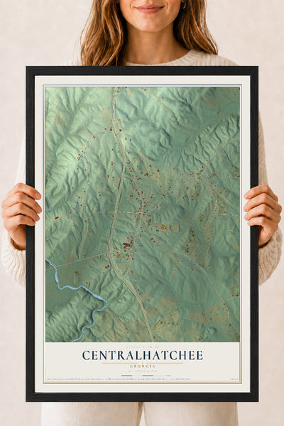 Centralhatchee, Georgia map print, 18" x 24" W/ Black Ayous Wood Frame mockup