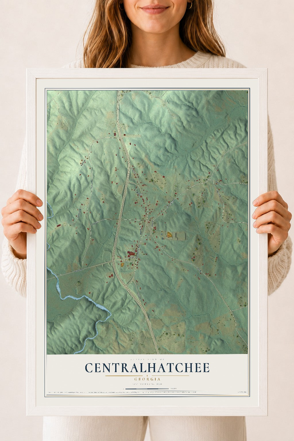 Centralhatchee, Georgia map print, 18" x 24" W/ White Ayous Wood Frame mockup