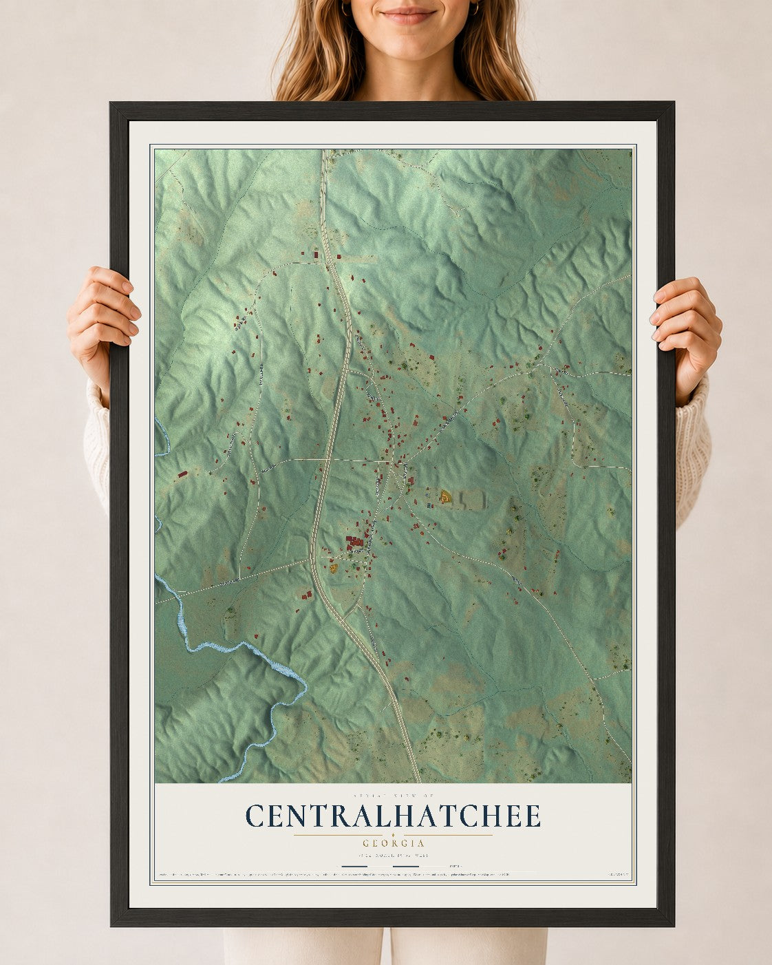 Centralhatchee, Georgia map print, 24" x 36" W/ Black Ayous Wood Frame mockup