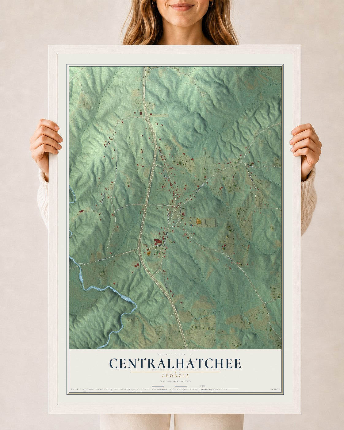 Centralhatchee, Georgia map print, 24" x 36" W/ White Ayous Wood Frame mockup