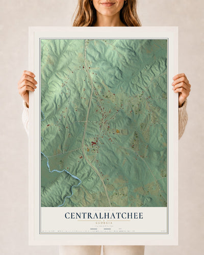 Centralhatchee, Georgia map print, 24" x 36" W/ White Ayous Wood Frame mockup