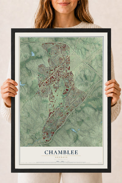 Chamblee, Georgia map print, 18" x 24" W/ Black Ayous Wood Frame mockup