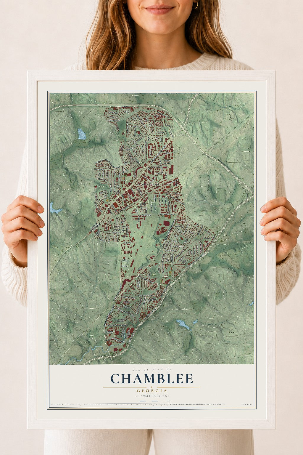 Chamblee, Georgia map print, 18" x 24" W/ White Ayous Wood Frame mockup
