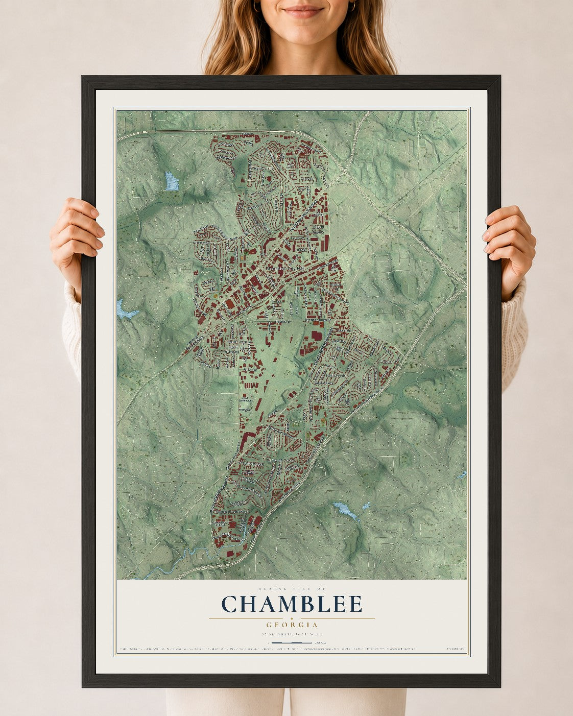 Chamblee, Georgia map print, 24" x 36" W/ Black Ayous Wood Frame mockup