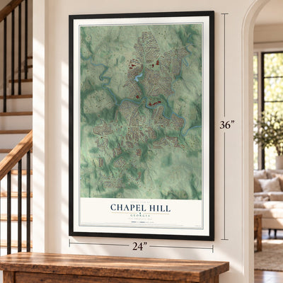 Chapel Hill, DeKalb County, Georgia map, 24 x 36 inch print in a black frame by a staircase