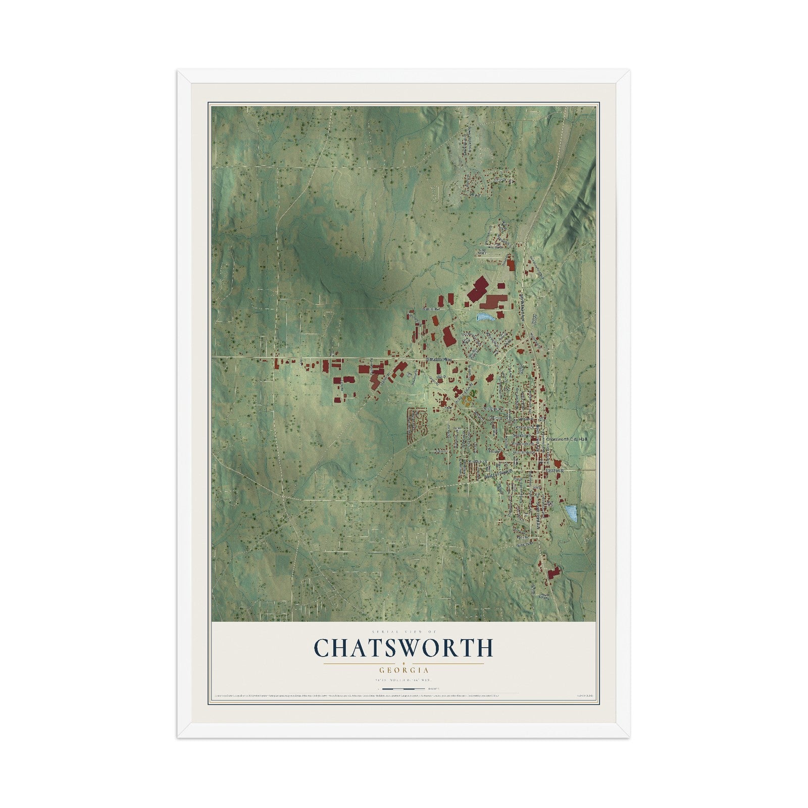 Chatsworth, Georgia map print, 12" x 18" W/ White Ayous Wood Frame mockup