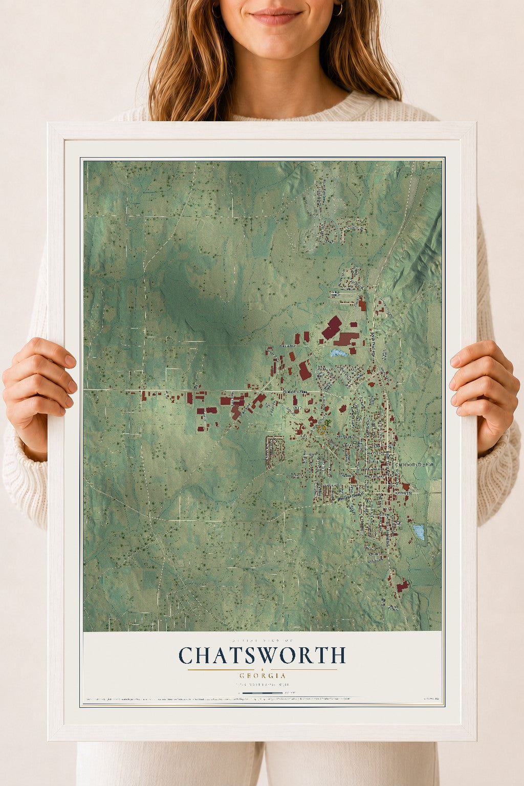 Chatsworth, Georgia map print, 18" x 24" W/ White Ayous Wood Frame mockup