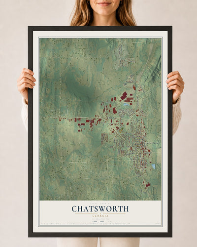 Chatsworth, Georgia map print, 24" x 36" W/ Black Ayous Wood Frame mockup