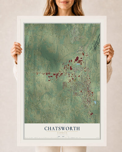 Chatsworth, Georgia map print, 24" x 36" W/ White Ayous Wood Frame mockup