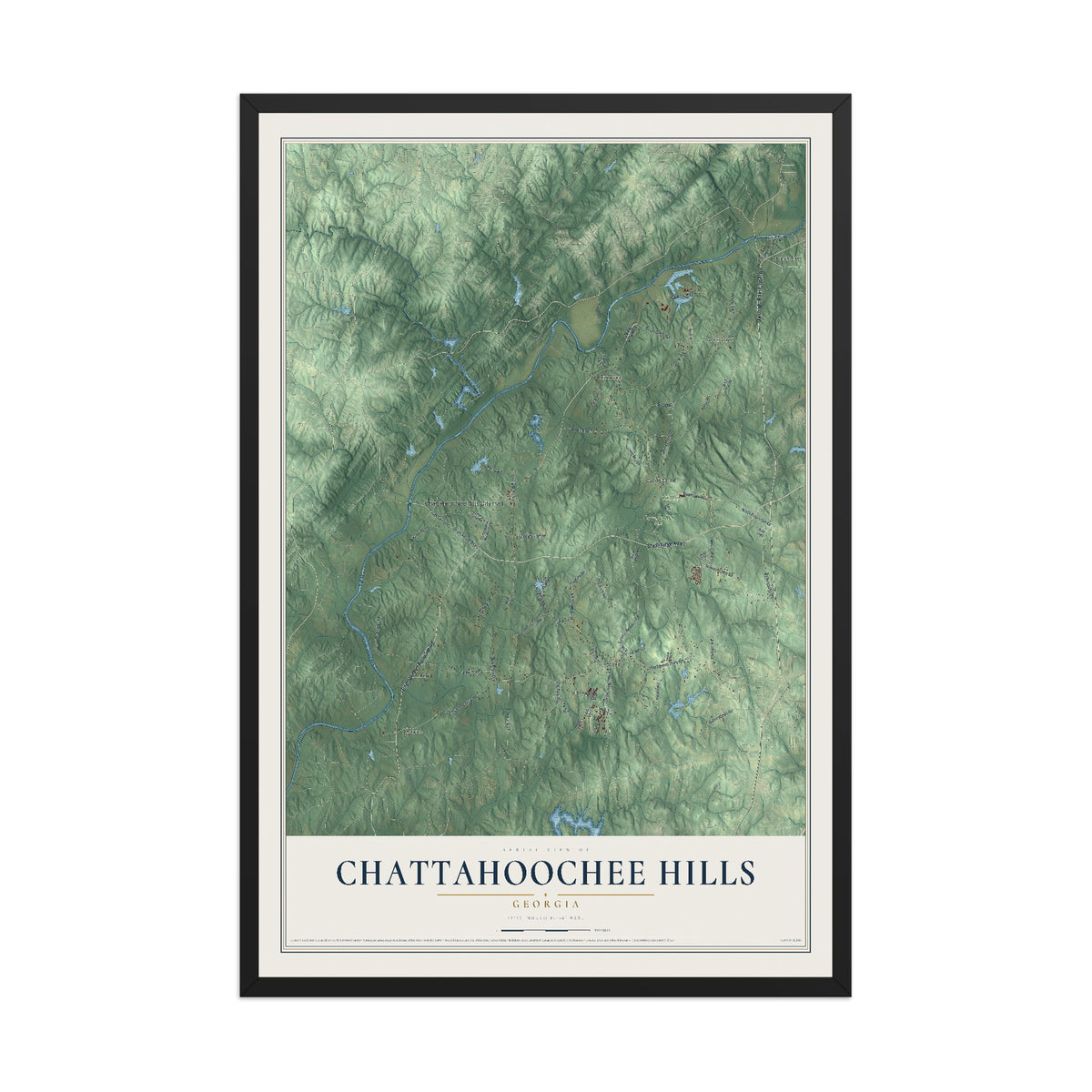 Chattahoochee Hills, Georgia map print, 12" x 18" W/ Black Ayous Wood Frame mockup